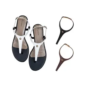 Cameleo -changes with You! Cameleo -changes with You! Women's Plural T-Strap Slingback Flat Sandals | 3-in-1 Interchangeable Leather Strap Set | White-Black-Brown