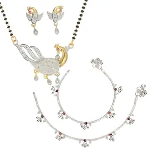 AanyaCentric Jewelry Set of Silver Plated Anklet and Gold Plated Mangalsutra with Pendant Earring