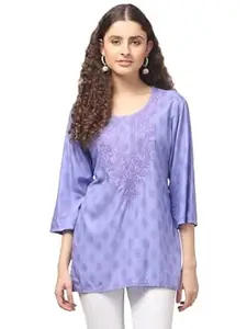 LIBA CREATIONS Rayon Short Kurta for Women Lakhnavi Chikankari Embroidered Ladies Kurti, Stylish Girls Top, Ethnic Half Kurtas 1pcs