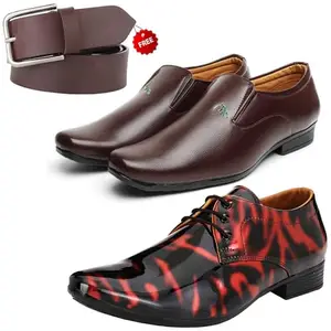 Aadab Trendy Formal Shoes/Party Shoes/ 2 Shoes Combo with Free Belt for Men and Boys (BAZAAR8656_VTR01-Blk-Red-2005-Brwn) Multicolor