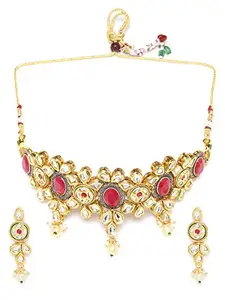Priyaasi Gold-Plated Gold & Mahroon Kundan Choker Necklace with Earrings with Drawstring Closure for Women