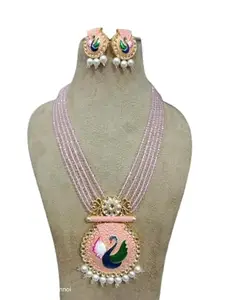 KRISHNA_CREATION Multicolor Meenakari Peacock Design Crystal Necklace & Earring Set For Women (pink)