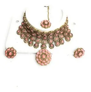 Vintage Style Pink Crystal Statement Necklace Set, Gold Tone Floral Design, Choker with Matching Earrings, Elegant Wedding Party Jewelry