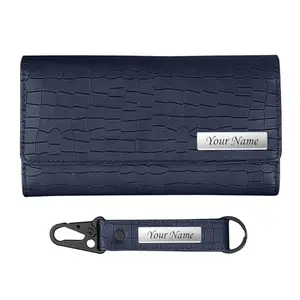 The Wallet Store Personalized Brick Style Clutch & Keychain Gift Set for Her | Made of Cruelty-Free Leather | Best Gift for Wife, Sister, Mother, Girlfriend (Blue)