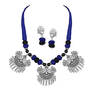 JFL - Jewellery for Less Oxidised Silver Plated Tribal 3 Peacock Design Pendant Cotton Beaded Handcrafted Necklace Set with Adjustable Thread Women & Girls.(Black, Blue)