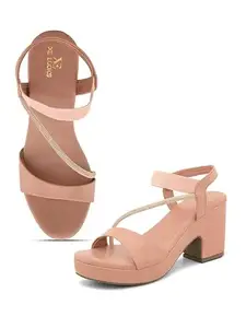XE Looks Women's Peach Sandals with Stylish Block Heel | Glittery Side Strap & Secure Back Support | Comfort Cushion Sole for Long Wear | Trendy Design Heels For Girls & Women