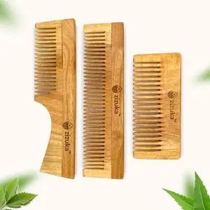 Zizuka 100% Natural Oil Treated Original Wooden Neem Comb Best for Scalp Care -Prevents Hair Fall - Dandruff Control -Pack of 3