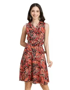 Moomaya Women’s V Neck Midi Dress, Sleeveless Flared Shift Dress Rust Brown