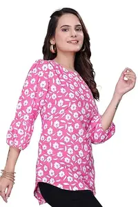 hemang fashion Pink Flower Round Neck Crepe Casual Tunic Top – Printed, Hip Length, Three Quarter Sleeves