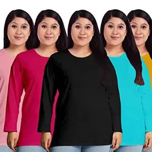 OPLU Women's Regular Fit Plus Size Plain Cotton Pack of 5 with Babypink, DarkPink, Black, Lightblue and Yellow Round Neck Full Sleeves Pootlu Tshirt (XXX-Large) Multicolor_3XL