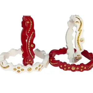 Elegant White Bangle with Intricate Golden Carved Diamond Patterns | Stylish Traditional Kada Design for Women’s Festive, Bridal, and Cultural Outfits (4, 2.8)