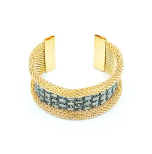 Elegant Wide Cuff Bracelet with Crystal Mesh Band for women, Gold and Gunmetal Finish
