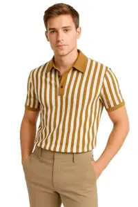 Striped Polo T-Shirt, Camel and White, Short Sleeve, Casual Wear (in, Alpha, 2XL, Regular, Camel and White)