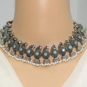 Navraee MAYURA STONE AND PEARL DROPS NECKLACE SET-MINT