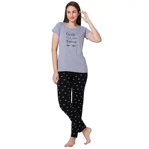 juliet Women's Printed Premium Cotton Tshirt Pyjama Set Night Suit Jon 801 Grey Melange 2XL