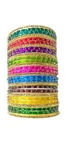 Latest Stylish Multicolour Golden Raindrops Glass Bangles set for women's & Girls/Chuda Traditional Handcrafted Indian Bangles (Set of 28)/Festive & Special Occassions