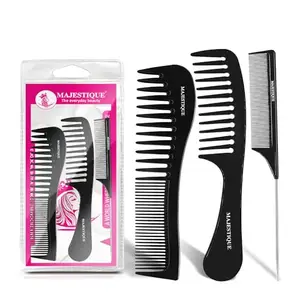 Majestique Professional Wide Comb, Tail Comb, Dresser Hair Comb - Carbon Fiber Hair Combs Set for Teasing and Parting All Hair Types & Styles - 3Pcs/Black
