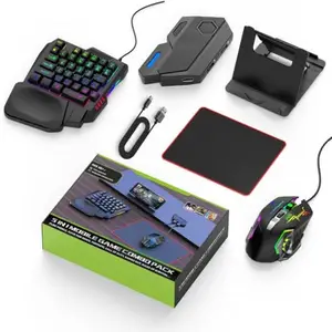 5 in 1 Mobile Game Combo Pack Pro with RGB Mini Gaming Keyboard & Mouse with Side Button, Gaming Adapter with Mobile Game Converter for Android (Wireless (APP Require))