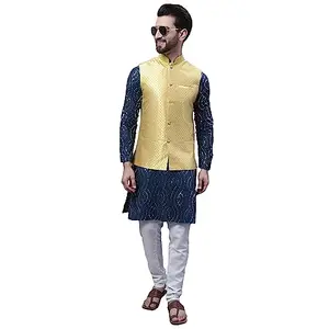 SOJANYA (Since 1958 Men's Cotton TealBlue Kurta and White Pyjama with Yellow Silk Nehru Jacket