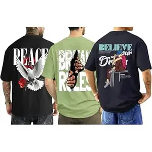 ENCIGER Men's Oversized Cotton T-Shirt Pack | Drop Shoulder Graphic Printed Casual Streetwear Combo | Baggy Hip-Hop Tshirts