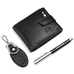 MEHZIN Men Formal Black Genuine Leather RFID Wallet with Pen & Key-Chain Combo Set (6 Card Slots)