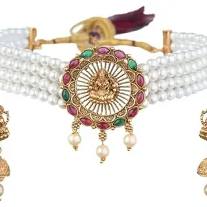 Vita Bella Temple Chokar Flower Design Chokar With Matching Earrings Women Jewellery Set (MultiColor-2217)