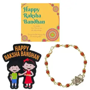 Webelkart Premium Rudraksha Designer Rakhis With Free Fridge Magnet, Raksha Bandhan Gift For Bhaiya And Bhabhi,Rakhi for Brother Sister Greeting Card And Roli Chawal