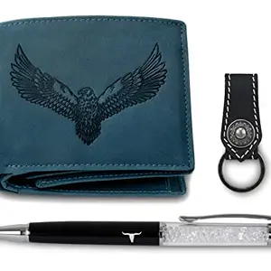 URBAN FOREST Zylo Vintage Blue Leather Wallet + Keychain + Pen Combo Gift Set for Men