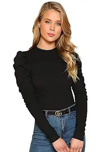 Istyle Can Mock Neck Puff Long Sleeves Slim Fit Lycra Winter Women's Top Black Large