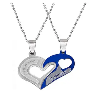 M Men Style Valentine Gift Couple Broken Heart I Love You Locket With 2 Chain Blue, Silver Stainless Steel Pendant Necklace Chain For Men And Women