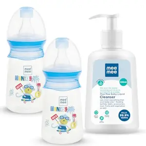 Mee Mee Baby Feeding Bottle with Eazy Flow Technology Milk Bottle with Nipple | Liquid Cleanser 300 Ml + Feeding Bottle (Pack of 2)