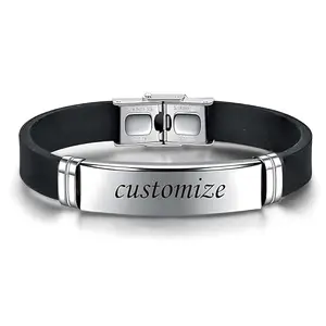 Shiv Jagdamba Black Silver Stainless Steel Silicone Wrist Band Customized Personalised Letter Engraved ID Bracelet Men ShivBrBLR04