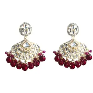 Crystal Chandelier Earrings, Gold-Plated, Kundan Style with Red Beaded Drops, Traditional Indian
