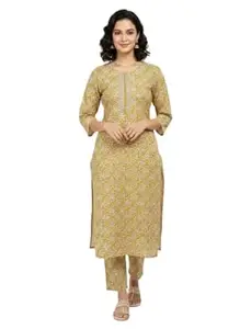 Women’s Ajrakh Print Kurta Pant Set – Traditional Block Print Ethnic Suit, Stylish Straight Kurti with Printed Pants, Casual & Festive Cotton Ethnic Outfit