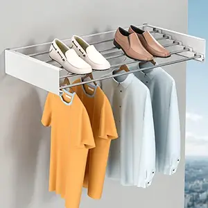 Wilbert Stainless Steel Space Saver Folding Cloth Dryer Stand Wall Mounted Retractable Clothes Drying Rope Hanger, Foldable Cloth line Use Indoor and Outdoor for Home (Size 75 * 11CM) (White)