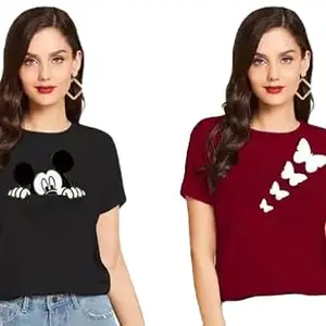 Women's Stylish Trendy Mickey and Butterfly Printed 100% Cotton T-Shirt Combos for Women & Girls (Pack of 2) Multicolor Colored (UG-594)