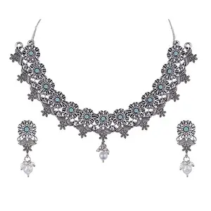 Efulgenz Oxidized Turquoise Antique Crystal Stone Necklace Set for Women