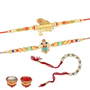 De Marquis Bhaiya Bhabhi Rakhi Gift Set | Rakhee For Brother | Roli Chawal | Greeting Card | Rakshabandhan | Couple Rakhee | Bhaiya Bhabhi Rakhee | Rakhee Combo Set | 2 Rakhi + 1 Lumba Rakhi
