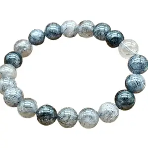 RRJEWELZ Natural Black Rutile Quartz 8mm Round Shape Smooth Cut Beads 6.5 Inch Stretchable Bracelet For Men & Women. Unisex Bracelet For Healing, Meditation, Prosperity, Gift & Luck|STBR_RR_10251_6.5