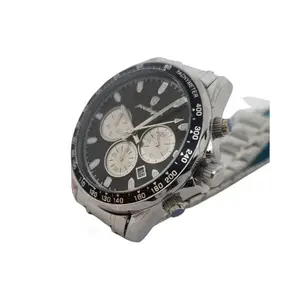 Poedagar Men's Chronograph Watch, Stainless Steel Band, Black Dial with 3 Sub-dials, Tachymeter Bezel (Silver)
