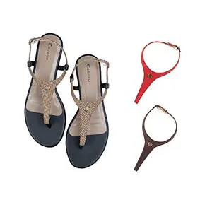 Cameleo -changes with You! Women's Plural T-Strap Slingback Flat Sandals | 3-in-1 Interchangeable Leather Strap Set | Brown-Polka-Dots-Red-Brown