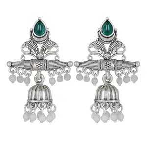 Oxidised Silver Jhumka Earrings with Pearl Drops, Traditional Design, Gemstone Accents, Garba and Navratra Special (Green)