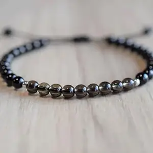 LKBEADS black tourmaline & smoky quartz round smooth 4-6mm, 29 Piecesblack color beads adjustable thread cord bracelet for men, women, meditation, yoga, healing, prosperity.
