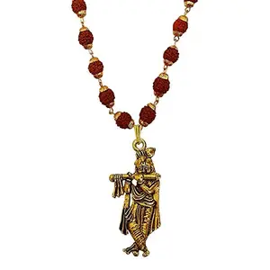 Morir Oxidized Gold Finish Murli Krishna Hindu God Pendant Rudraksha Seeds with Golden Color Caps Rosary Mala Necklace Spiritual Religious Jewelry for Unisex