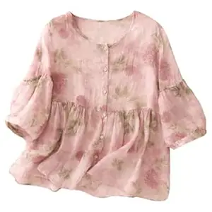 RIEKA Women’s Casual Floral Print Blouse in Soft Pink with Green Leaf Pattern Round Neck Button Front Flowy Peplum Style Top