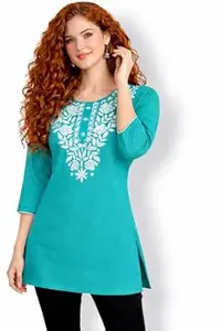 Women Rayon Embroidered Straight Kurti Top | Floral Thread Work | 3/4 Sleeve Casual Office Wear Tunic for Jeans & Leggings