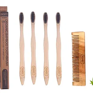 PARMY Neem wood comb , Bamboo Wooden brush | Handmade Tooth brush, Dandruff Control | Hair Straightening, woody comb| Comb & Toothbrush for Men, Women | (PACK OF 4 TOOTHBRUSH 1 SMALL COMB)