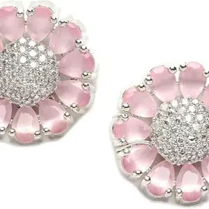 Women's Fashion Hub Rhodium-Plated American Diamond Studded Floral Shaped Ligt Pink Color Handcrafted Stud Earrings For Girls and Women
