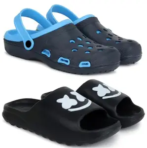 Pampy Angel Combo Pack of 2 Slipper/Flip Flops/Slides/Clogs/Sandals with Adjustable Back Strap for Men,(Cl-Shell-Blue,Y-Smarto-Black),7 (UK/India)