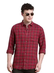 Turtle Men Slim Fit Checkered Cotton Lyocell Red Casual Shirt